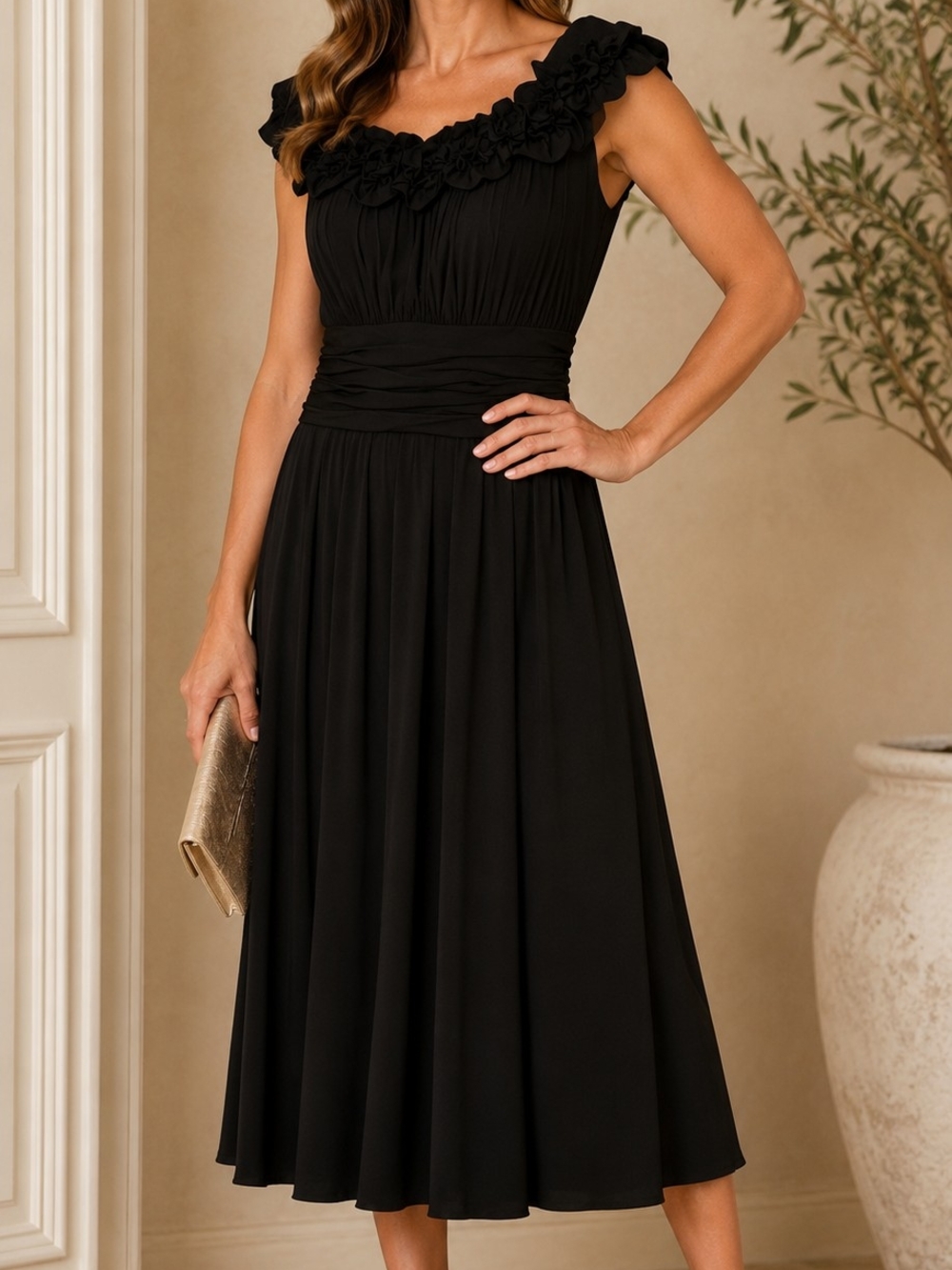 Jessica Howard EUC Size 10 Black Floral-Trim Sleeveless Midi Dress PTP 19